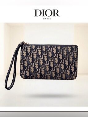 Dior Beige and Navy Monogram Wristlet Pouch